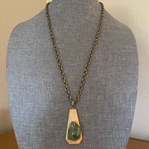 Hand-Carved Wooden Pendant Necklace w/ Natural Turquoise Matrix Stone UNISEX